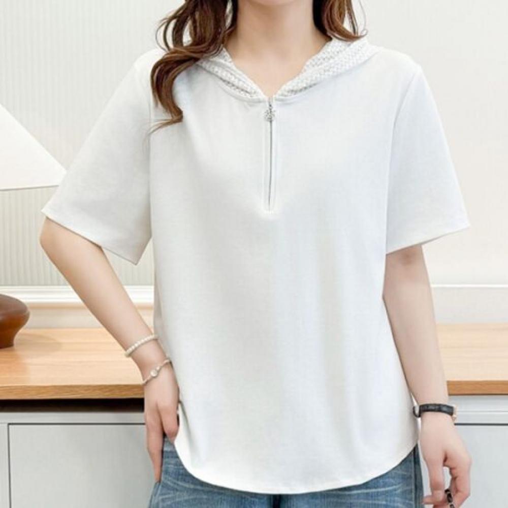 Navava Women Casual Daily Half Zip Lace Hoodie ShorT Sleeve T shirT nT3400