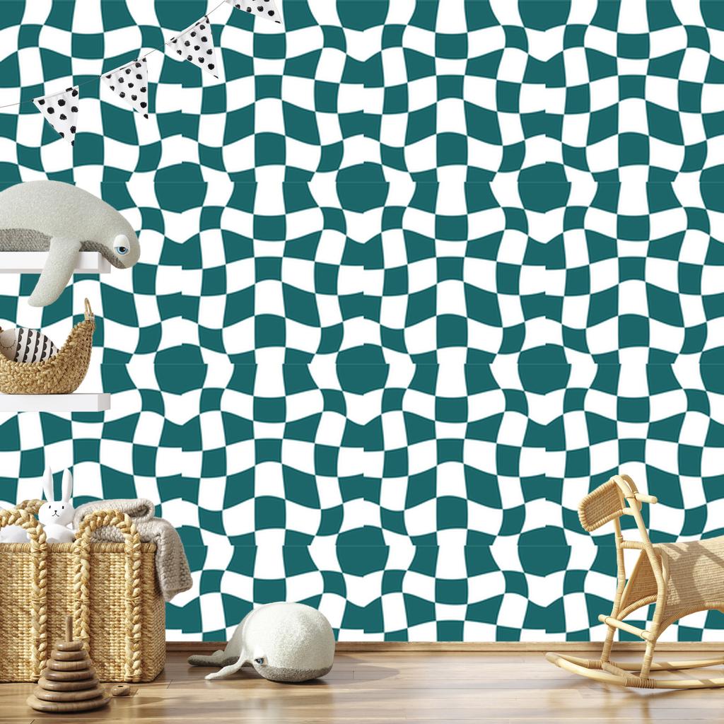 Wallpaper Casual Checkerboard Turquoise, White and Light Gray 50x1000