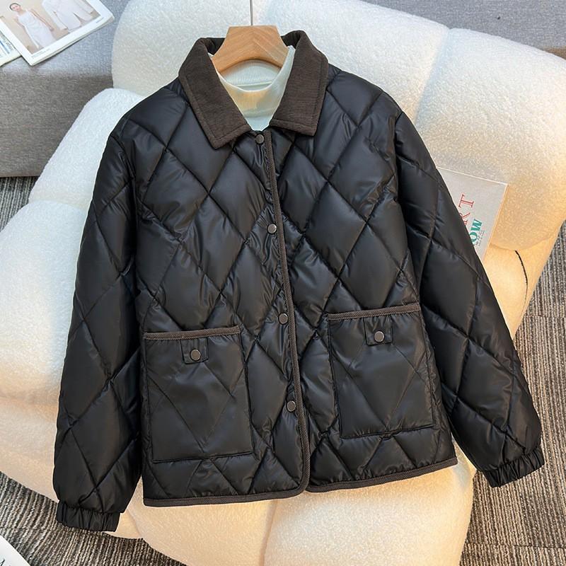 Womens Winter Short Loose Cotton Padded Jacket With Lapel Collar Quilted Design Warm Casual Outerwear