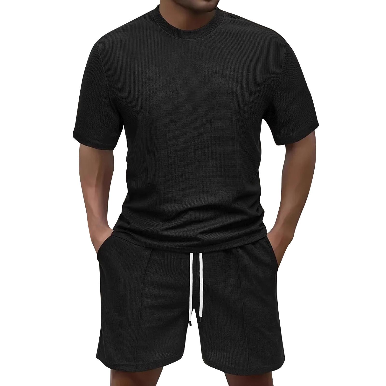 

Мужской комплект большого размера свободного кроя с короткими рукавами и шортами, однотонный повседневный комплект с рубашкой с короткими рукавами и шортами XXXL чёрный