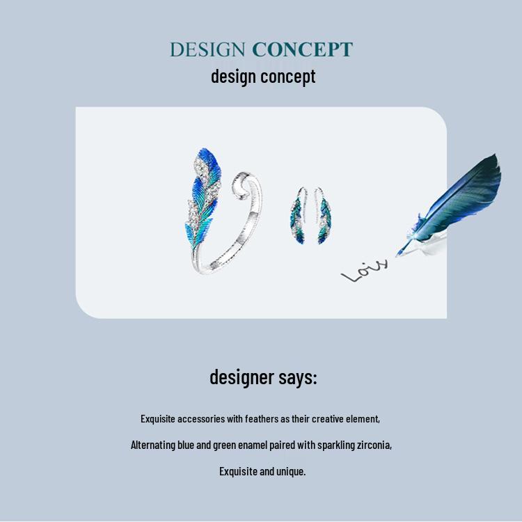 Yin Ziyun Schillerndes Blaues Feder-Ohrring- & Ring-Set: Exotischer ethnischer Stil, S925 Sterlingsilber.