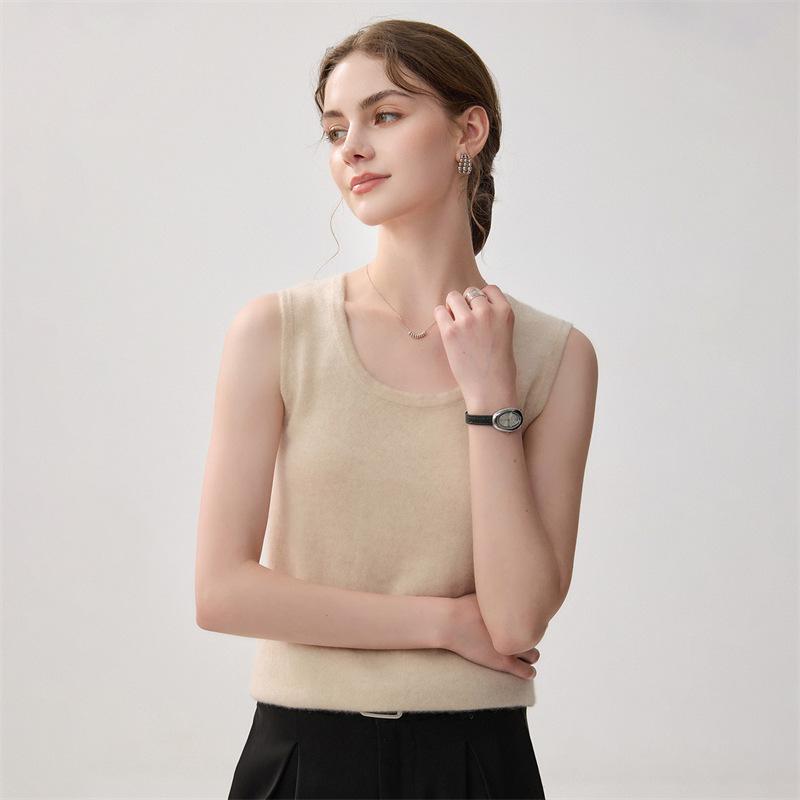 Lekasha Women's Cashmere U-Neck Camisole Sweater - Autumn/Winter Solid Color Knit