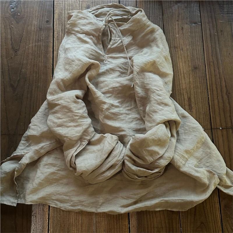 Johnature Woman Long Sleeves Solid Color Vintage Casual Tops