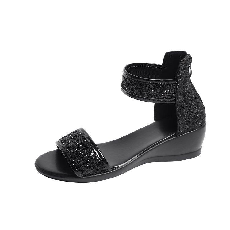 Große Größe hohler Keilabsatz Pailletten Strand Sandalen Sommer neue Plateau Fischmaul Strand Damenschuhe