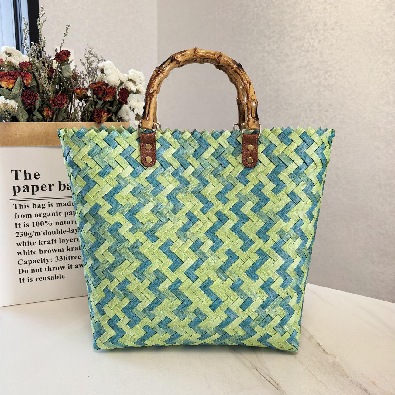 Women s Summer Woven Straw Handbag with Bamboo Handle - Versatile Beach Vacation Tote 30*20 cm