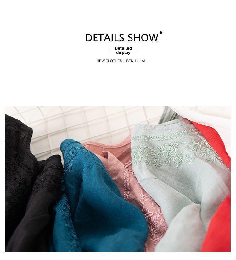 Women's Retro V-Neck Cotton Linen T-Shirt – Summer 2024 Short-Sleeve, Loose Fit, Solid Color.