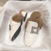 Fashion Aphixta Crystal Square Buckle Warm Winter Slipper Real Fur Women Mule Furry Shoes Square Toe 4.5cm Med Heel Black Modern Slides