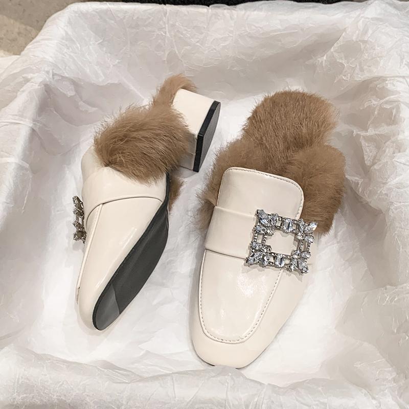 Fashion Aphixta Crystal Square Buckle Warm Winter Slipper Real Fur Women Mule Furry Shoes Square Toe 4.5cm Med Heel Black Modern Slides