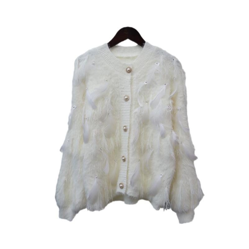 Autumn and Winter Imitation Mink Velvet Gentle Wind Design Feeling Feather Beads Fringed Knitted Cardigan Sweater Jacket Women