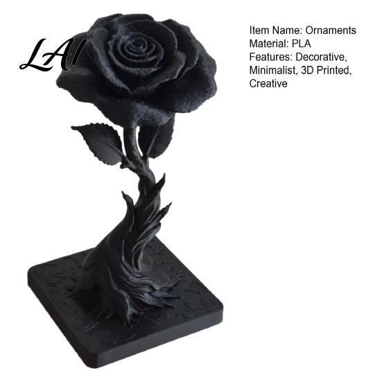 Small Rose Sculpture 3D Printed Black Statue Ornament Gothic Dark Style Figurine Spiral Decoration Artistic Flame Base Flower Decor Exquisite