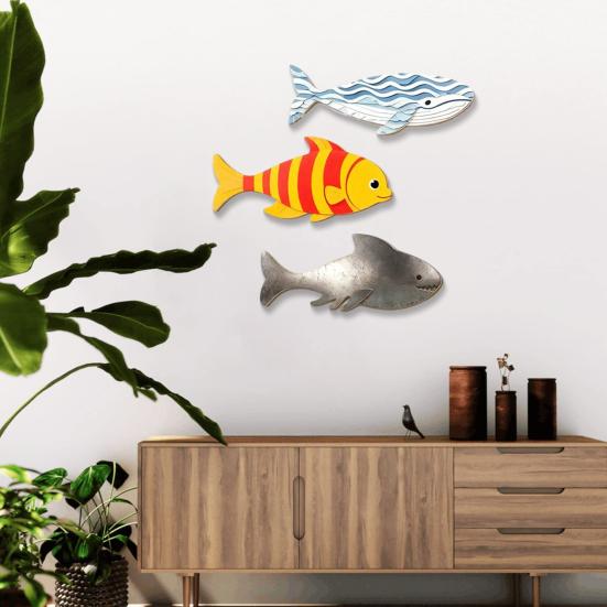 3Pcs/Set Wooden Fish Nautical Wall Decor, Whale Shark Striped Fish Wall Art for Lake House, Coastal Ocean Theme Hanging Ornament