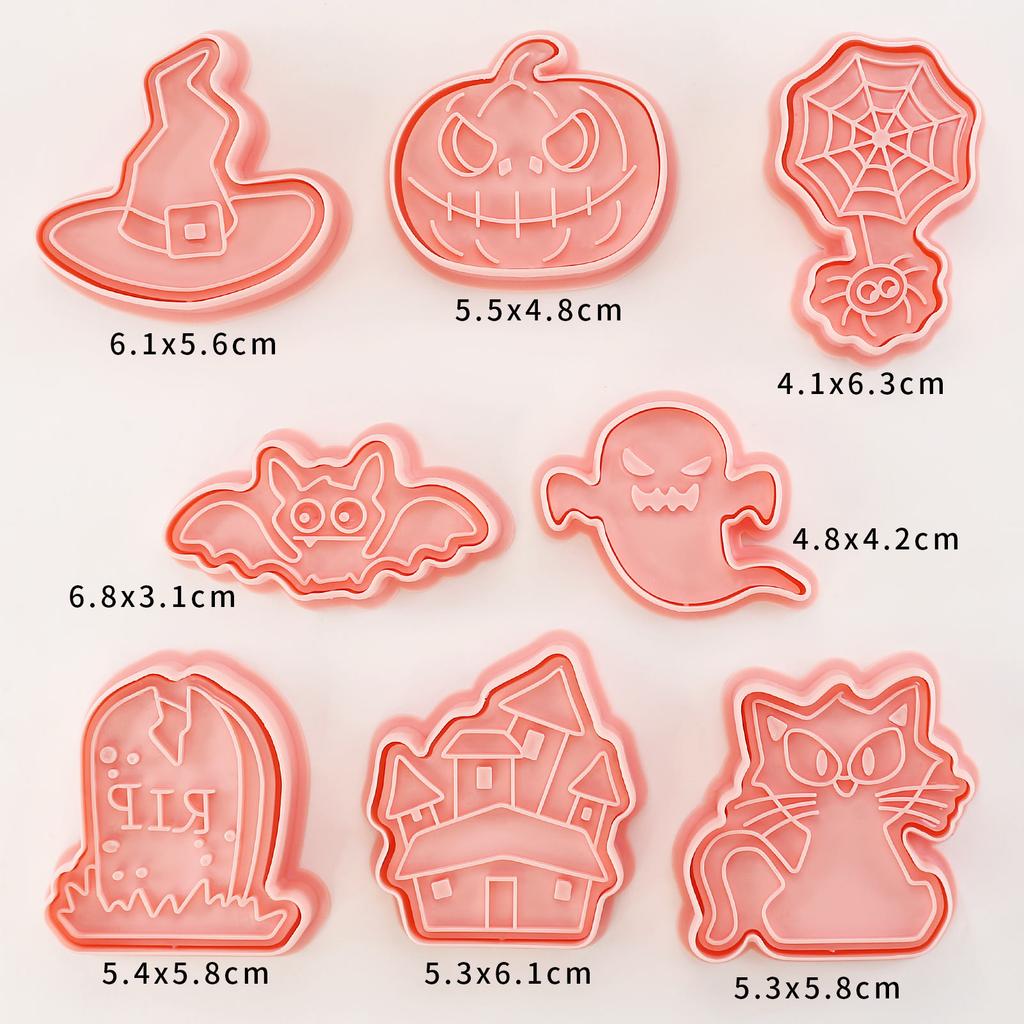 Halloween Cookie Cutters Set of 8 Pcs Witch Owl Spidder Bat Design Cookie Stamps Plastic Pumpkin Halloween Biscuit Molds 1
