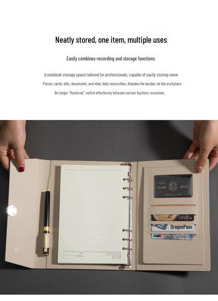 A5 Three-fold Loose-leaf Notebook with Card Slot and Receipt Holder for Office Meetings