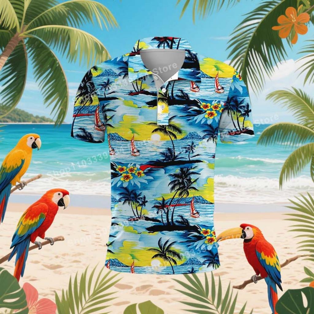 Hawaiian Beach Coconut Trees Polo Shirt For Men Summer 3D Print Leaves Short Sleeve Golf Polo