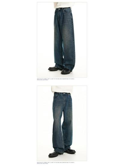 Men's Retro Distressed Wide-Leg Jeans - High Street Fashion, Loose, Straight, Floor-Length.