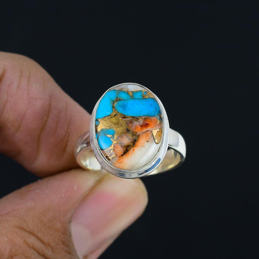 Naturalny Turkus Oysterski Kamień Szlachetny Pierścionek ze Srebra Próby 925 Owalny Kształt Dla Kobiet i Dziewcząt