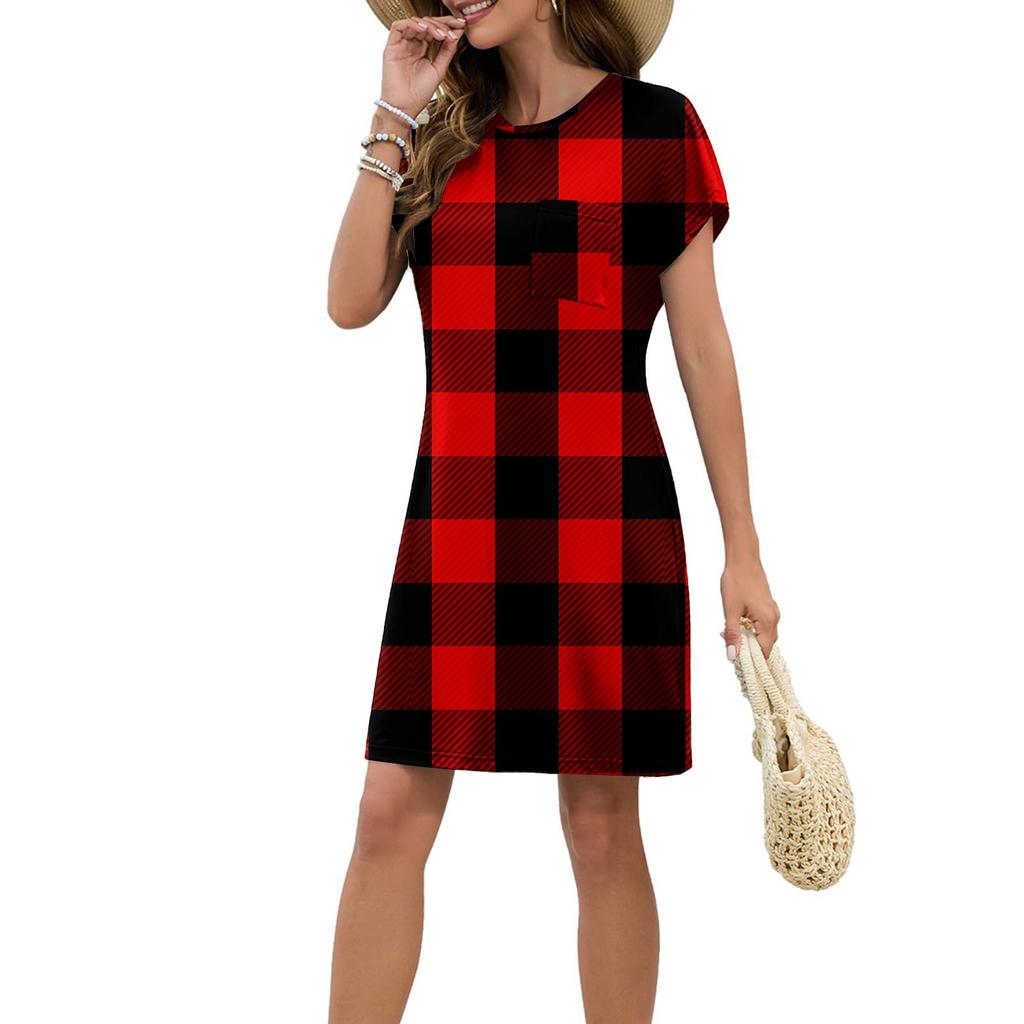 Women's Fashion Casual Summer Retro Line Printed Short Sleeve Round Neck Loose Dress