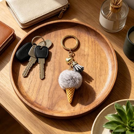 Ice Cream Pendant with Metal Ring Plush Keychain for Backpacks, Fluffy Cone Backpack Decoration Bag Charm, Decorative Women