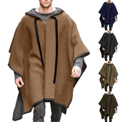 Men's Casual And Fashionable Contrasting Color Cape Shawl Pullover Cape Hooded Woolen Coat