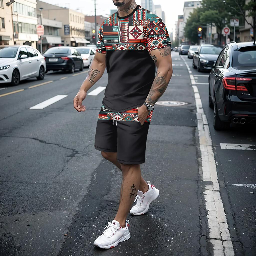 2-piece Men's Color Block Summer Leisure Outfit Set, Digital Print Men's Short Sleeve T-shirt & Drawstring Shorts With Pockets