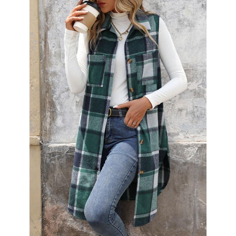 VEZFAA Women's Fashion Casual Plaid Print Autumn Winter Sleeveless POLO Neck Jackets & Coats