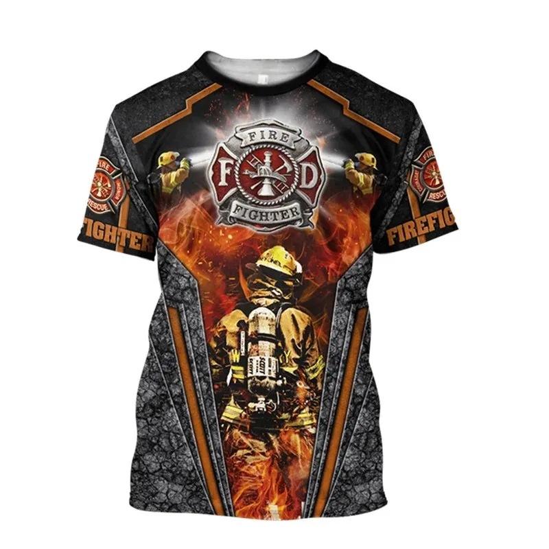 Firefighter Fire Simulation Drill Pattern 3D Print Cross-border New Men's Casual Short-Sleeve T-Shirt Factory Direct Sale