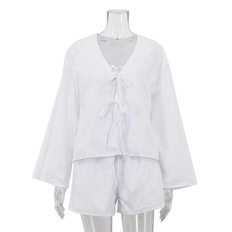 

Fashion New Arrival Fashion V Neck Lace-up Long Sleeve Tops Shorts Suit V-Neck Top and Shorts Set White S