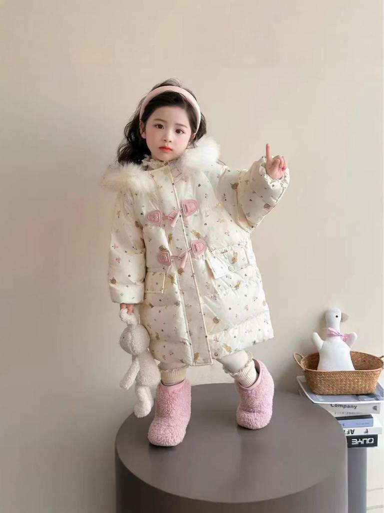 2025 Winter Girls' Mid-Length Down Jacket - Cute Hooded White Duck Down Coat