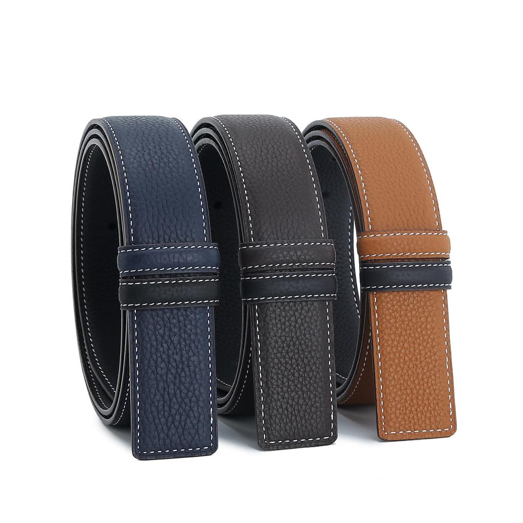 3.4" Wide Double-Sided Lychee Grain Cowhide Belt with White Lines and Perforations, All-Match Style, Top Layer Cowhide