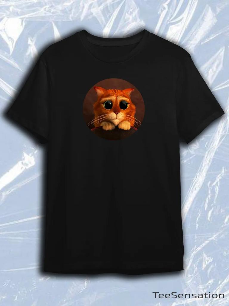 TeeSensation Black Crew Neck Short Sleeve T-Shirt with Puss in Boots Big Sad Eyes Circle Portrait