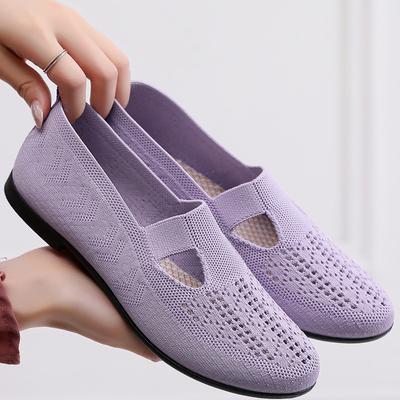 2024 Frühling, Sommer und Herbst neue atmungsaktive Damen Schuhe mit Fliegenstrickerei, alte Pekinger Stoffschuhe mit flacher Sohle, modische lässige Einzel-Schuhe zum Hineinschlüpfen