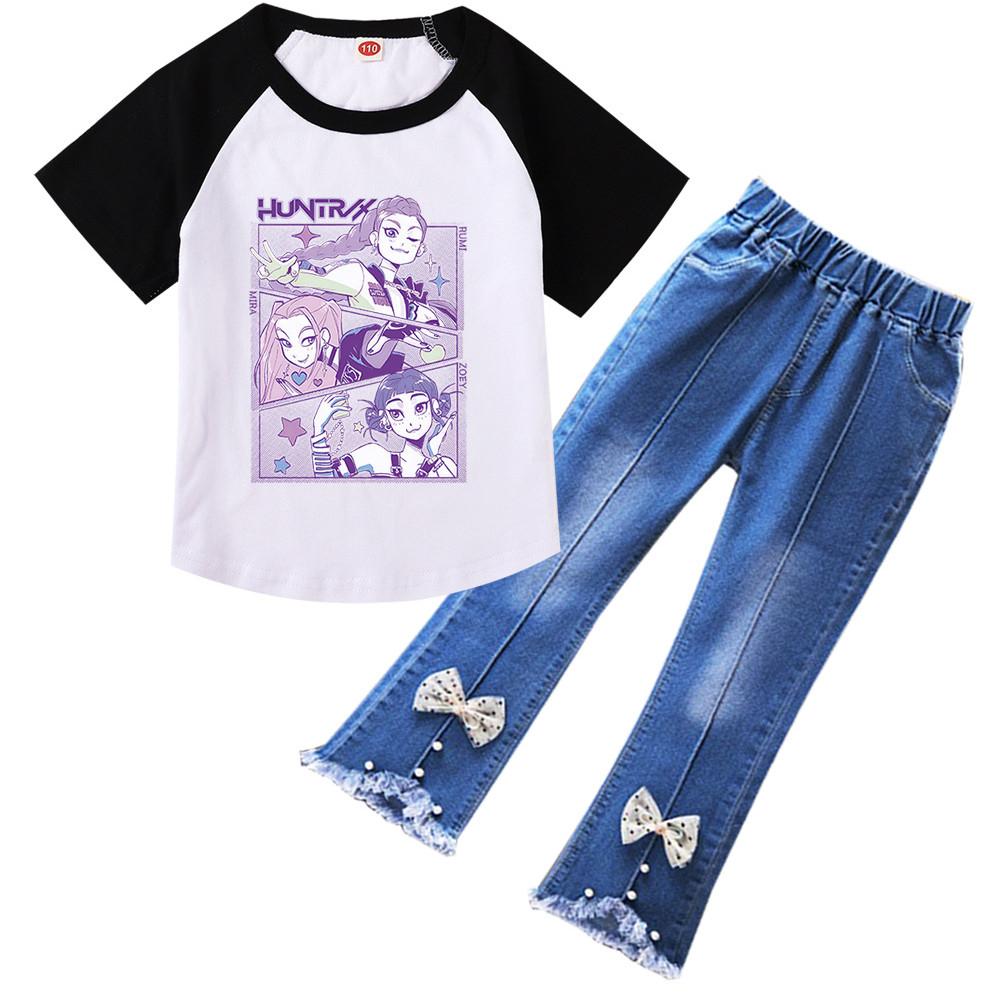 

Kids Girls Anime Cartoon K-Pop: Demon Hunters Printed Casual Short Sleeves T Shirt Jeans Pants Clothes Set 160Cm