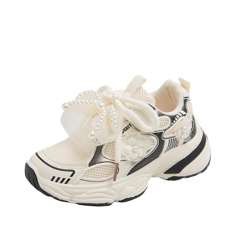 Girls pearl sneakers breathable bow dad shoes 2025 spring and autumn new girls running princess white shoes