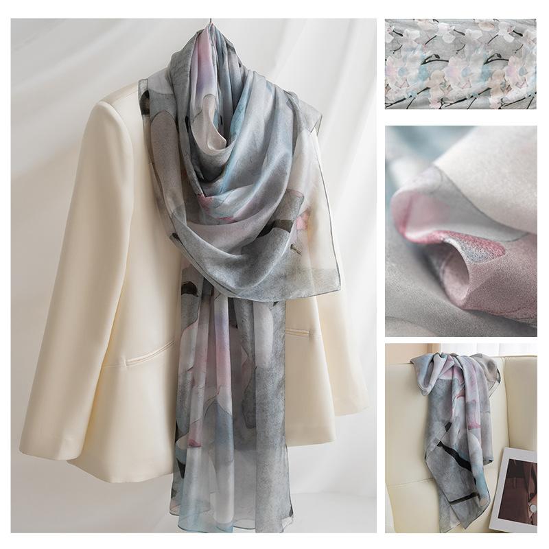 Long Strips of Silk Scarf  High-end Sense Mulberry Silk Scarf  Women's Fresh Small Floral Thin Style  Atmosphere  Big Shawl