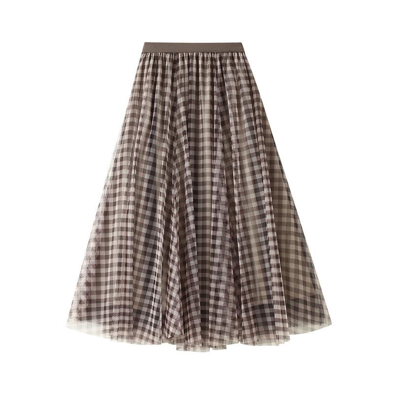 Women's A-Line Fairy Patterned Elastic Waist Ruffle Tulle Layered Midi Skirt Casual Plaid Flowy Maxi Skirts High Waist Mesh Long Skirt for Women