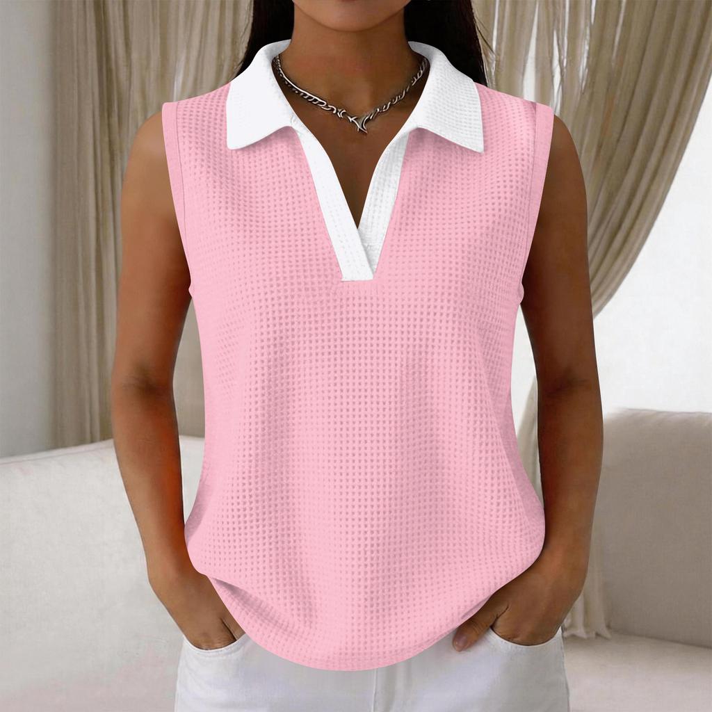 Women's Casual Color Block Knit Sleeveless Collar Tank Top