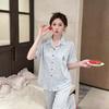 Spring and Summer New Ice Silk Pajamas Women's Striped Short-sleeved Trousers Set Lapel Loungewear Can Be Worn Outside, Sweet and High-end
