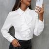 Elegantes Raff-Patchwork Lockeres Chiffon-Hemd Damen Langarm Bürobluse Süßes Revers Mode Frühling Herbst Freizeit Unifarbene Oberteile Neue Kleidung