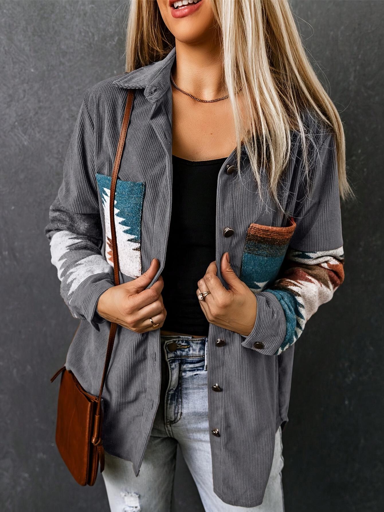 

Elegant Color Block Collar Shirt Jacket - Long Sleeve Polyester Woven Women S Casual Blazer with Color Matching Pockets S