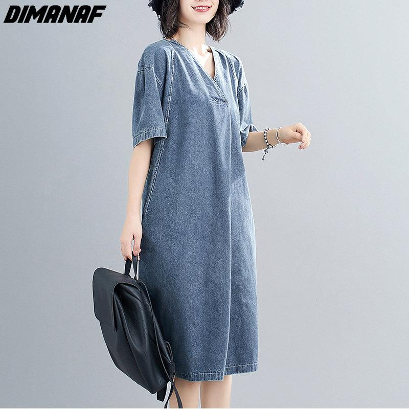 DIMANAF Women 2023 New Summer Dress Denim Short Sleeve Dress V-Neck Elegant Long Dress Loose Dress Blue Basic Dresses