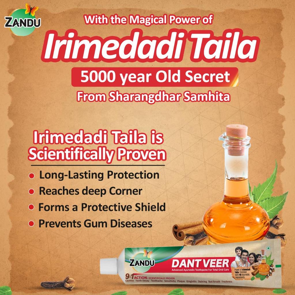 Zandu Dantveer Ayurvedic Toothpaste With Irimedadi Oil Herbal Oral Care Formula For Daily Teeth Cleaning And Fresh Breath 500 g