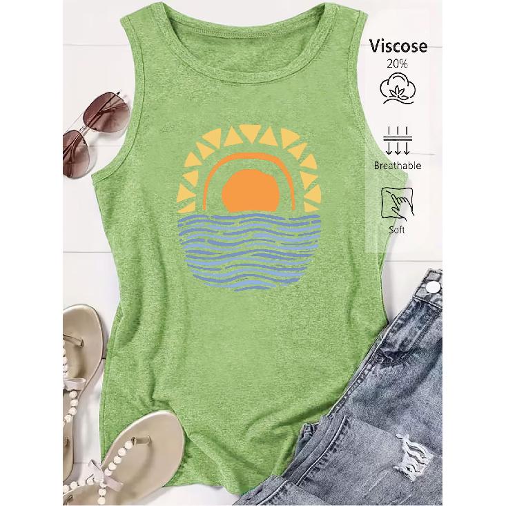 Elegant Vest for Women Geometric Sun Print Casual Loose Summer Vest Fashionable and Elegant Tops for Commuting, Vacation, and Everyday Wear In a