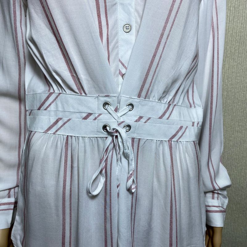 Export Fashion Original Single Rayon V Neck Stripes Half Open Long Sleeves Pullover Shirt Women's Shoelace Waist-Tight Mid Length Long Length