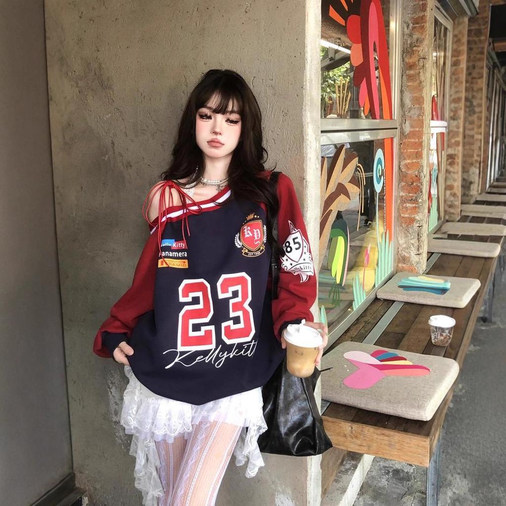 Women's Asymmetric Neck Long Sleeve Sweatshirt Loose Fit Casual Streetwear Color Block Pullover