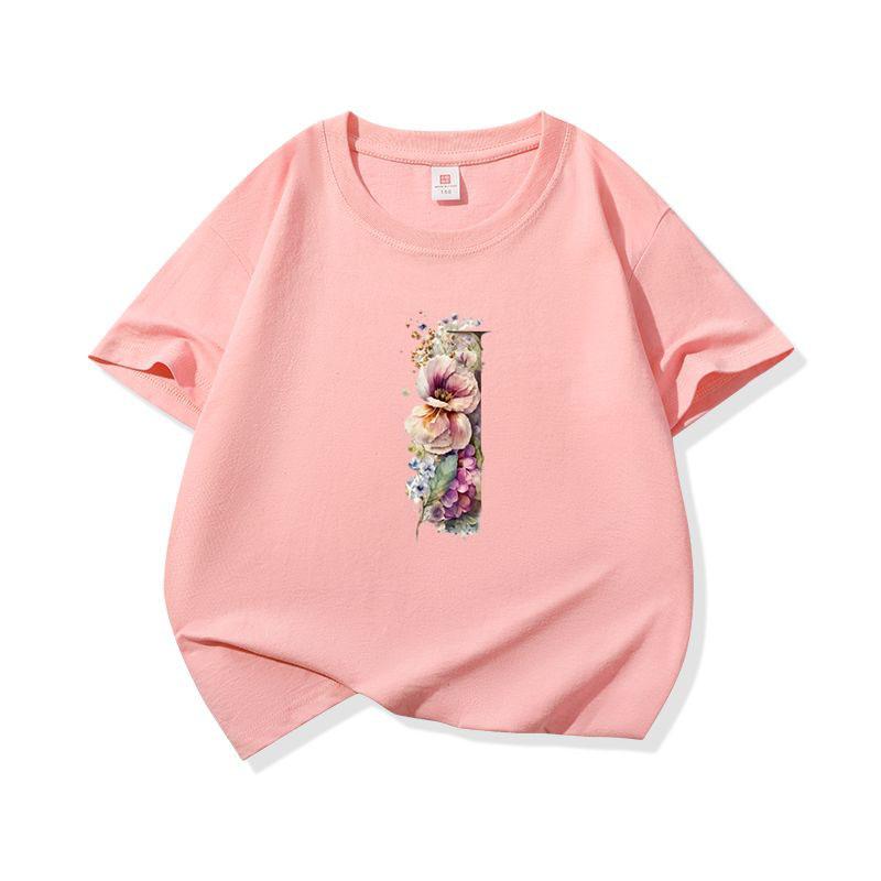 Kids Cotton T Shirt Floral Letter I Print Crew Neck Short Sleeve Tee Casual Boys Girls Summer Tops