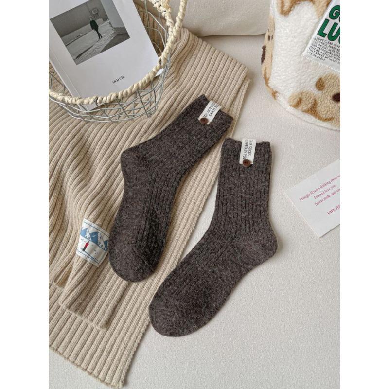 Women's Autumn and Winter Warm Solid Color All Purpose Fabric Logo Button Vertical Stripe Wool Tube Socks
