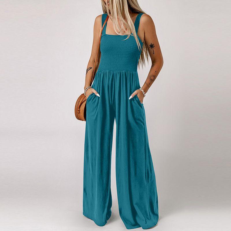 2024 Summer New Arrival Black Square Collar Smocking Jumpsuit Women European and American Leisure Slim Looking Suspenders Loose Pants Women