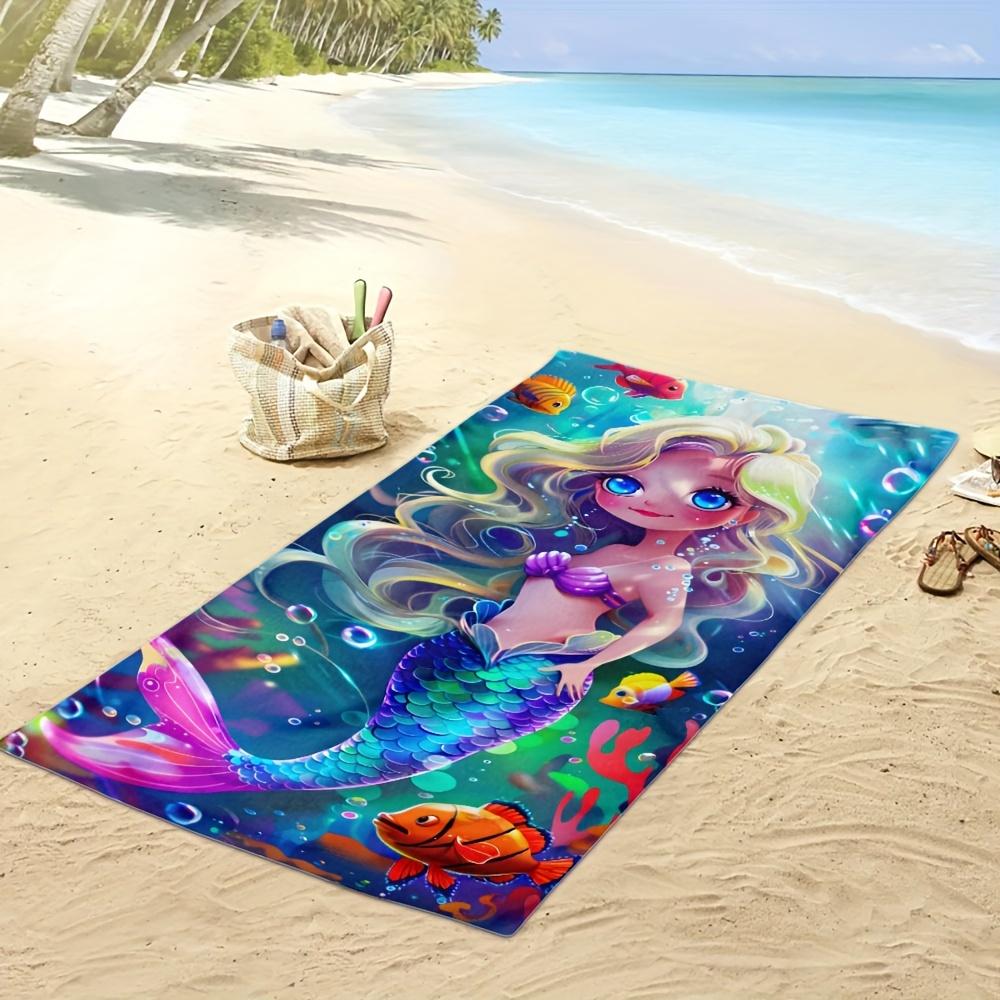 Cute Cartoon Mermaid Printed Beach Towel Ultra Soft Thickened Microfiber Swimming Shawl for Travel Surf Outdoor Sports Bath