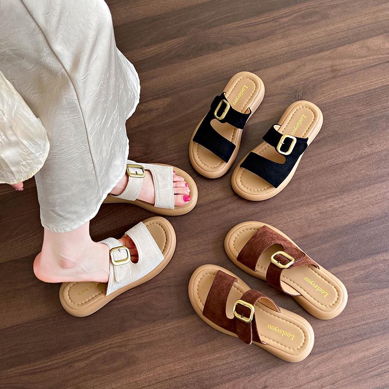Soft leather retro one-word slippers women's summer 2025 new flat-soled women's shoes soft-soled women's belt buckle beach shoes