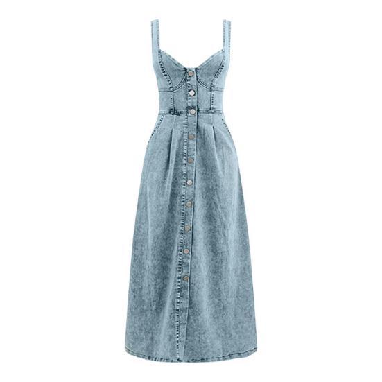 Denim Dress for Women Summer Casual Sleeveless Midi Dress with Pockets Button Down A-Line
